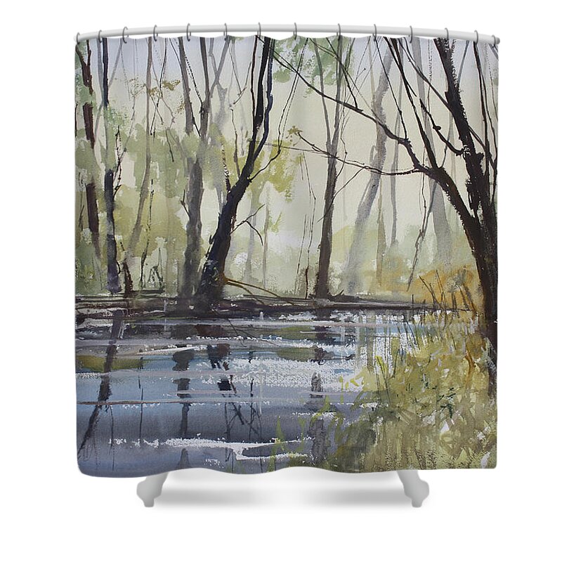 Ryan Radke Shower Curtain featuring the painting Pine River Reflections by Ryan Radke
