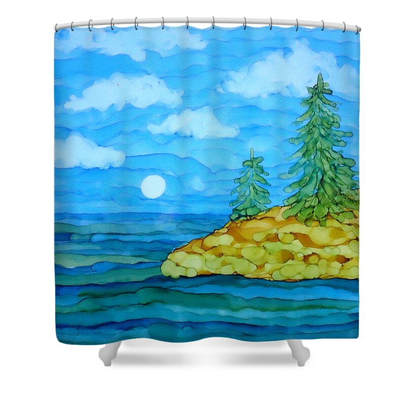 Pine Trees Shower Curtain featuring the painting Pine Tree Moon and Water Painting by Laurie Anderson