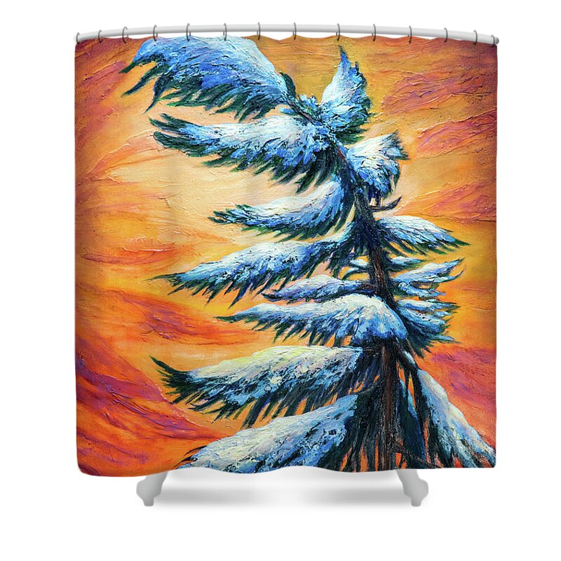 Pine Tree Winter Portrait Shower Curtain featuring the painting Pine tree Winter portrait by Lilia D