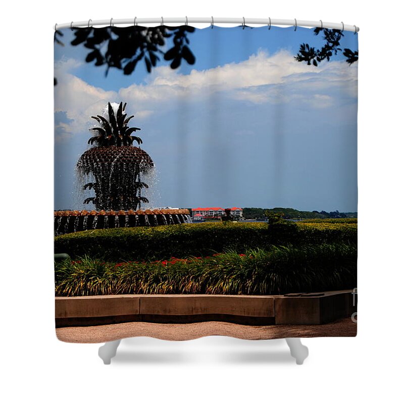 Charleston South Carolina Shower Curtain featuring the photograph Pineapple Symbol on Waterfront by Jacqueline M Lewis