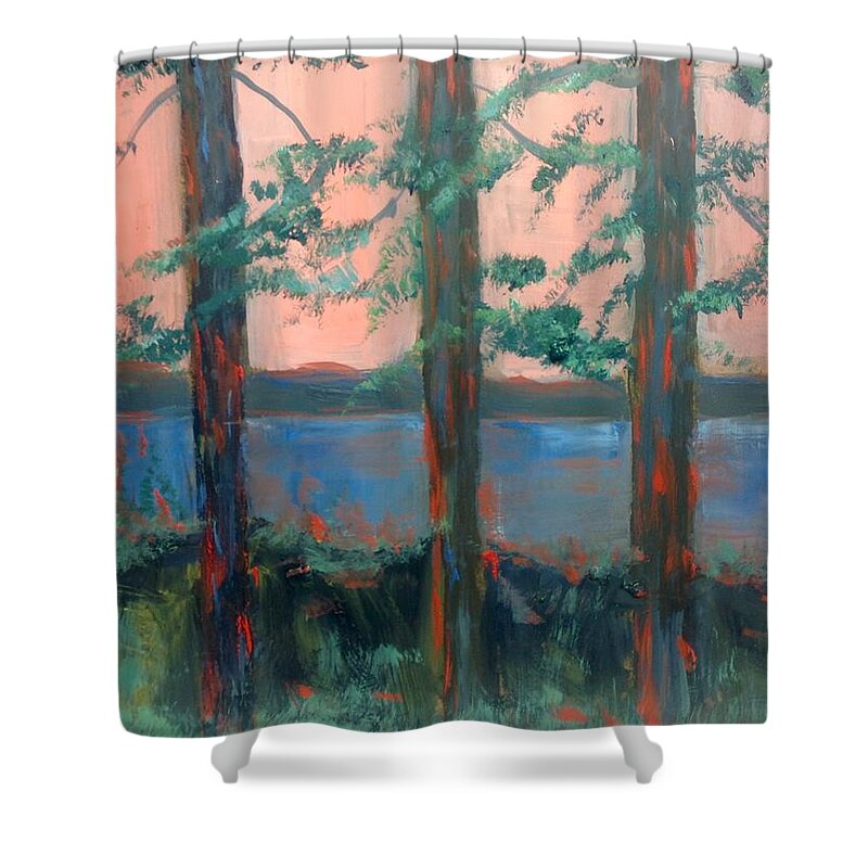 Canadian Landscape Painting Shower Curtain featuring the painting Pines at Dusk by Desmond Raymond