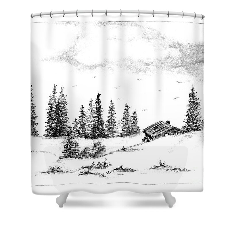 Pine Shower Curtain featuring the drawing Pinetree Cabin by Terri Mills