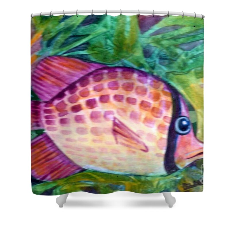 Colorful Imaginary Fish In A Rainbow-colored Make Believe Underwater World. This Vibrant Fish Painting Is The Perfect Accent Piece To Brighten Your Room Or Attract Attention When Added To Any Grouping.  Shower Curtain featuring the painting Pink and Fuchsia Spots by Joan Clear