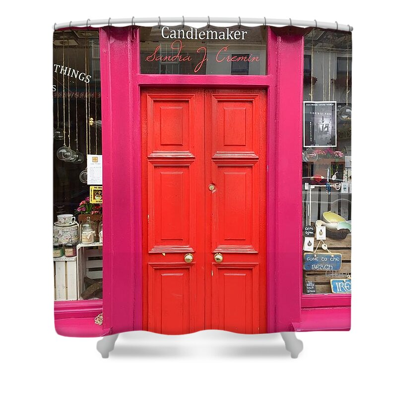 Pink Shower Curtain featuring the photograph Pink and Orange Door ireland by Suzanne Lorenz