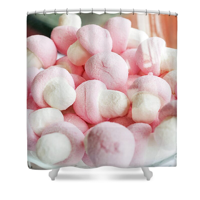 Beautiful Shower Curtain featuring the photograph Pink And White Marshmallows In Bowl by JM Travel Photography
