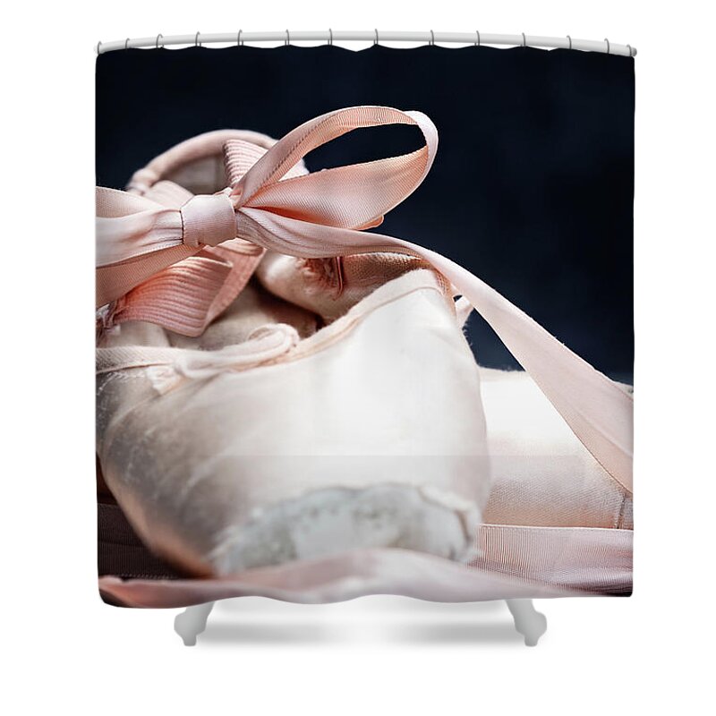 Ballerina Shower Curtain featuring the photograph Pink Ballerina Pointe Shoes by Stephanie Frey