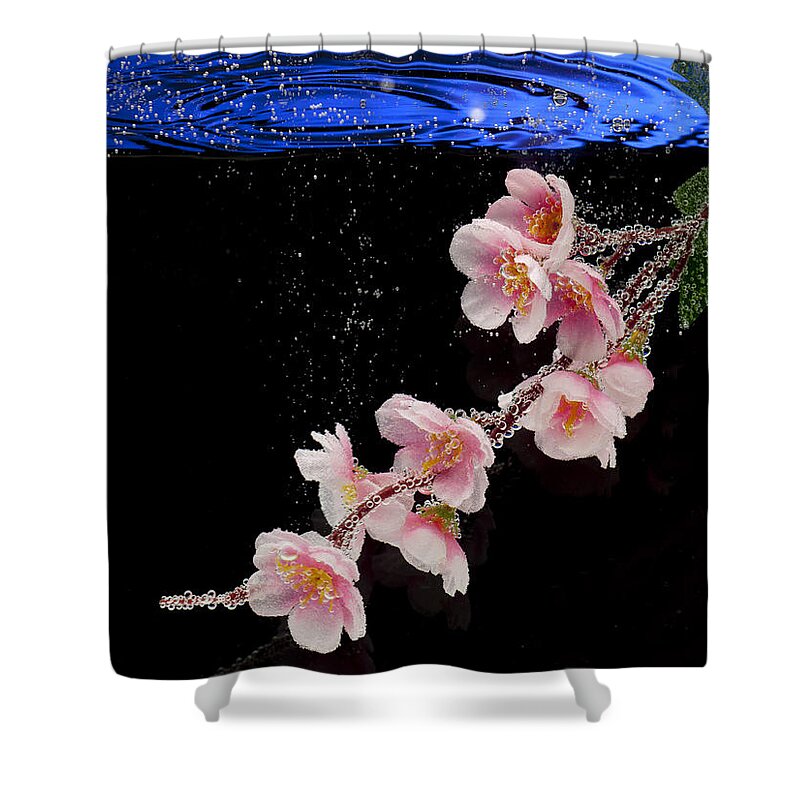 Water Shower Curtain featuring the photograph Pink Blossom in Water with Bubbles by Dmitry Soloviev