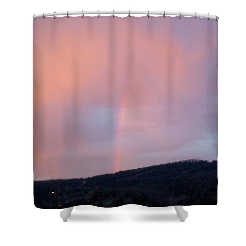 Pink Clouds Shower Curtain featuring the photograph Pink clouds with rainbow by Toni Berry