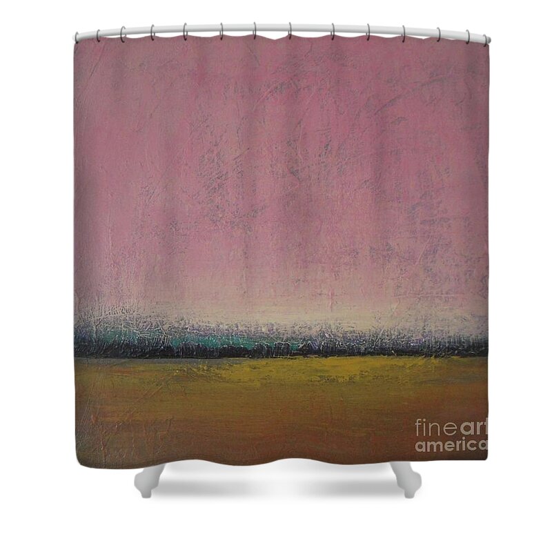 Abstract Landscape Shower Curtain featuring the painting Pink Dayspring by Vesna Antic