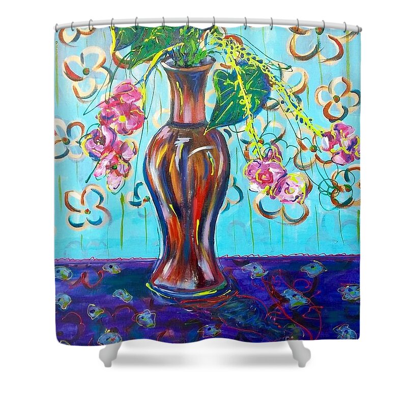 Colorful Shower Curtain featuring the painting Pink Flower Still Life by Catherine Gruetzke-Blais