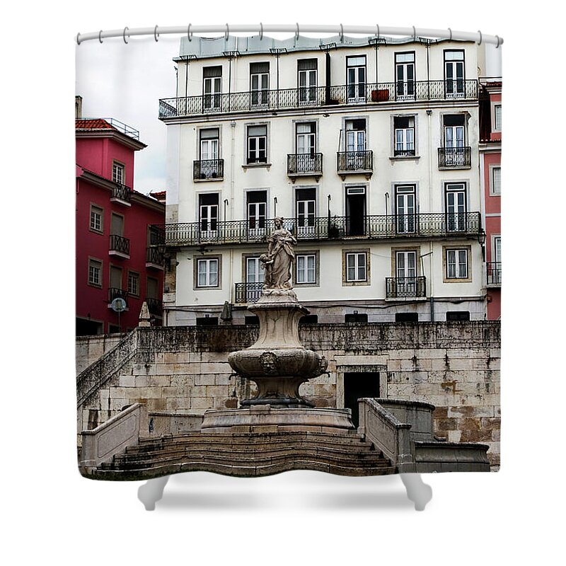 Lisbon Shower Curtain featuring the photograph Pink Framed Fountain, Lisbon by Lorraine Devon Wilke