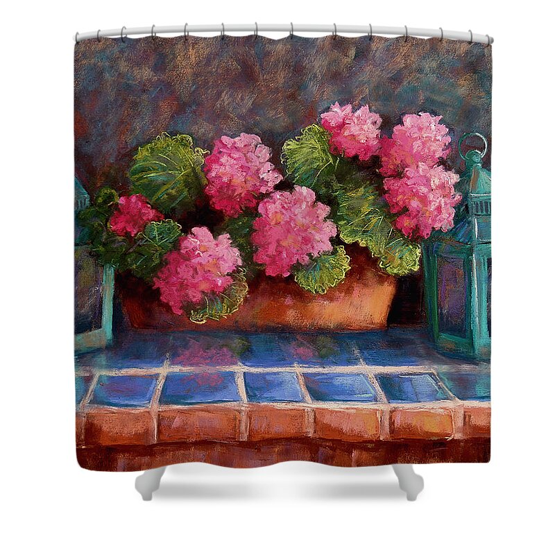 Geraniums Shower Curtain featuring the pastel Pink Geraniums by Candy Mayer