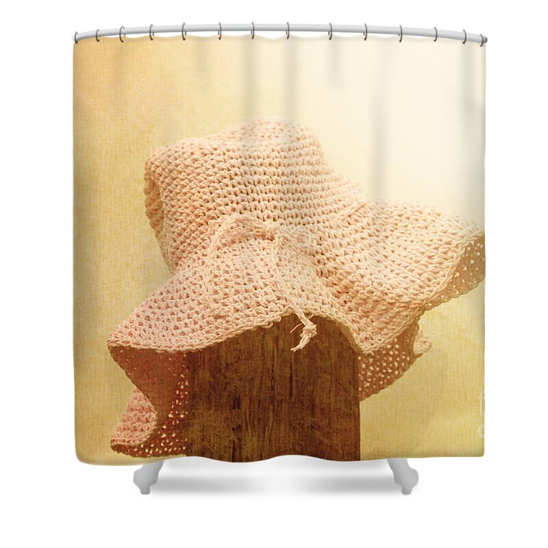 Farm Shower Curtain featuring the photograph Pink girls hat on farmyard fence post by Jorgo Photography