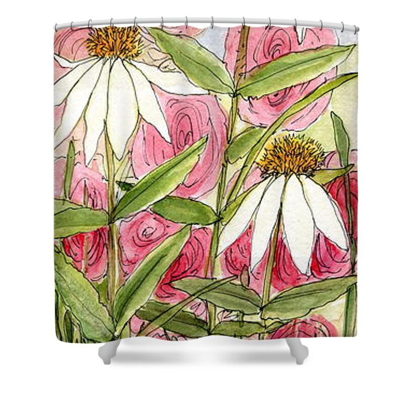 Hollyhock Shower Curtain featuring the painting Pink Hollyhock and White Coneflowers by Laurie Rohner