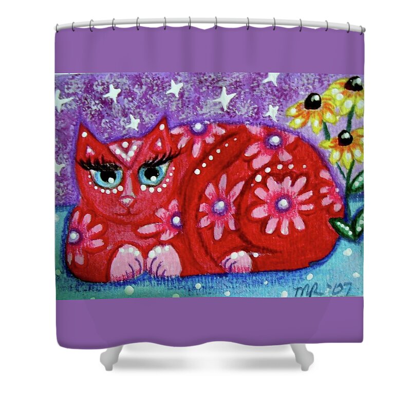 Kitty Shower Curtain featuring the painting Pink Kitty Cat with Black Eyed Susans by Monica Resinger
