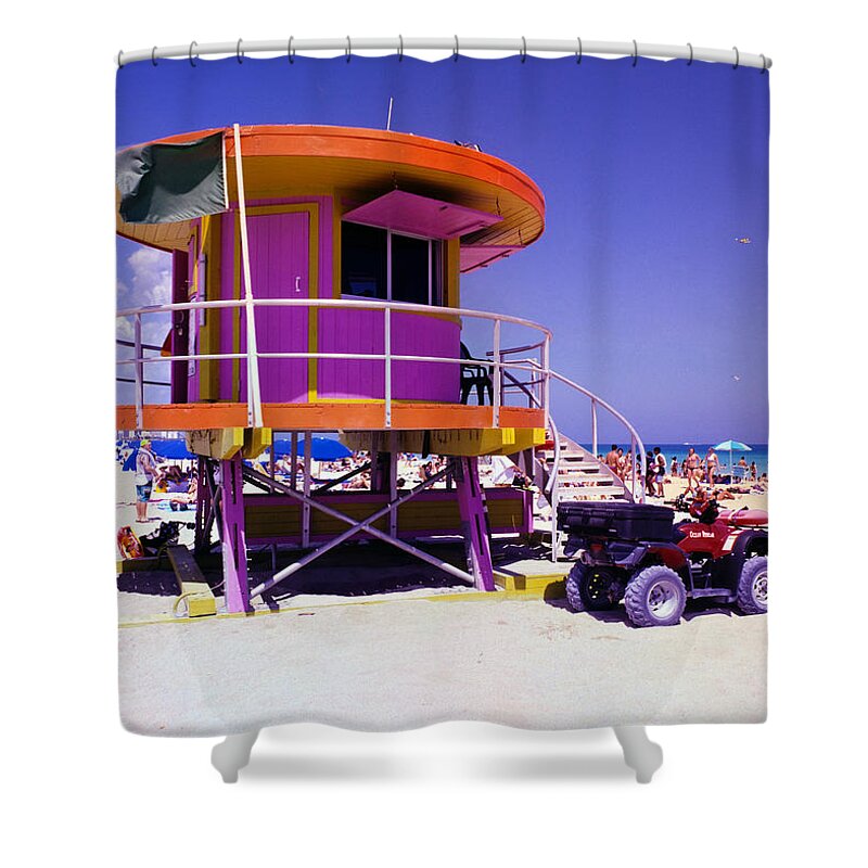 Beach Shower Curtain featuring the photograph Pink Lifeguard Stand by William Wetmore