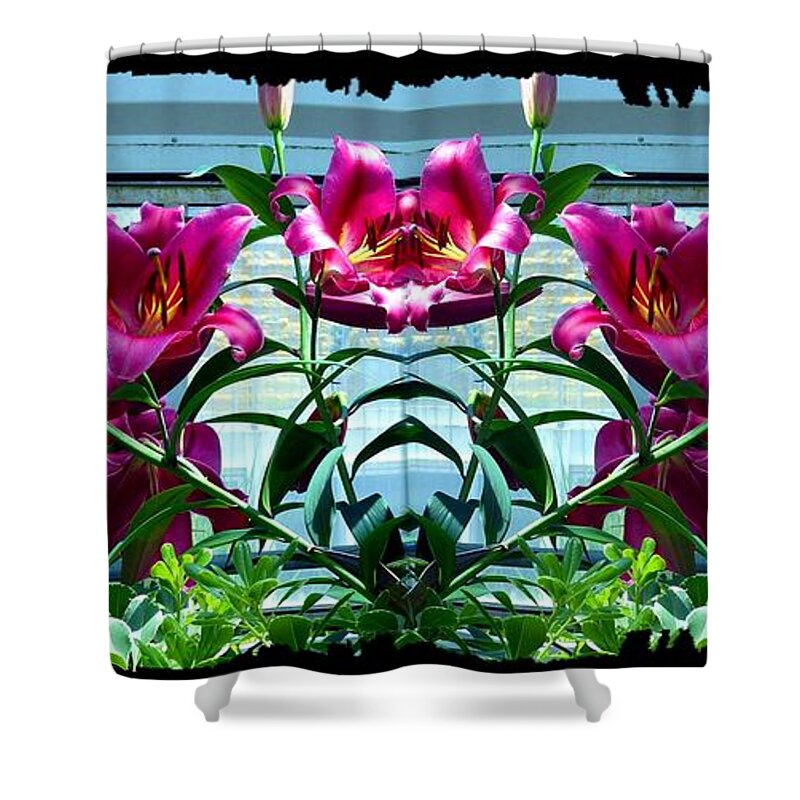 Pink Lilies Fusion Shower Curtain featuring the digital art Pink Lilies Fusion by Will Borden
