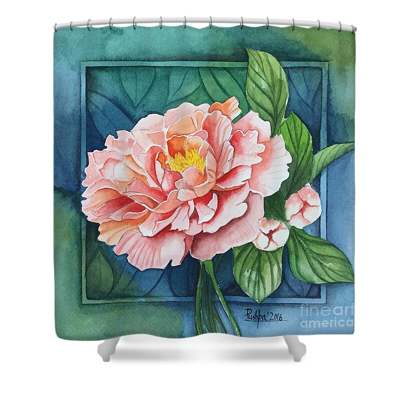 Watercolor Painting Shower Curtain featuring the painting Pink Orange Peony by Pushpa Sharma
