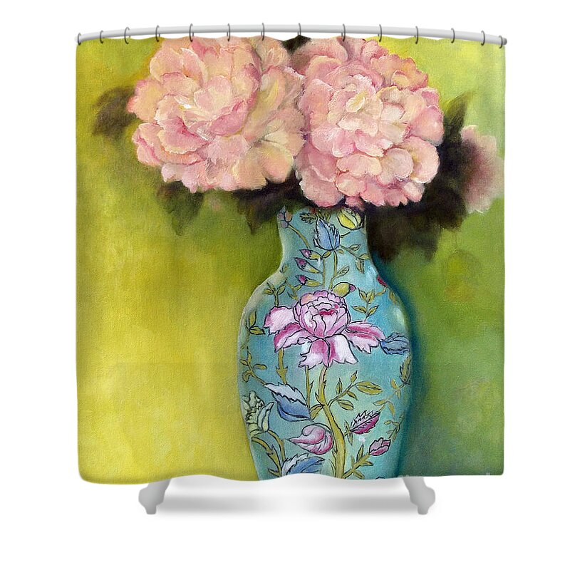 Still Life Shower Curtain featuring the painting Pink Peonies in an Aqua Vase by Marlene Book