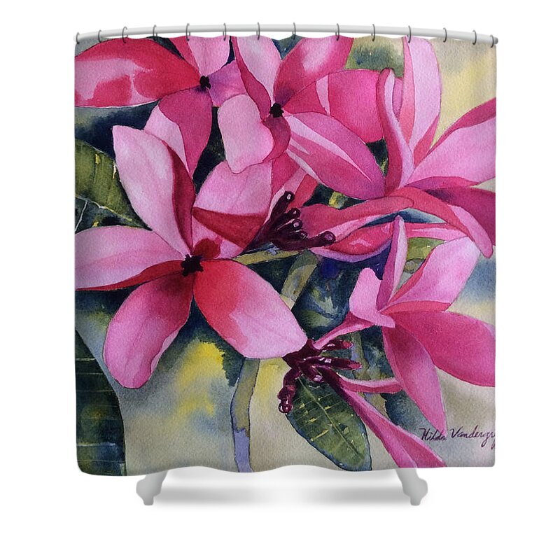 Plumeria Flowers Shower Curtain featuring the painting Pink Plumeria Flowers by Hilda Vandergriff