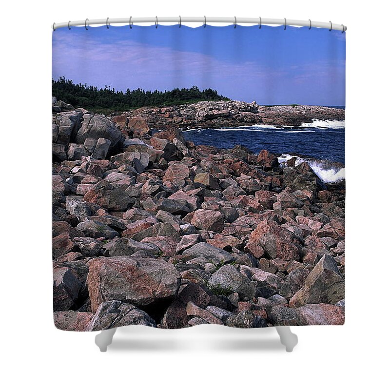 Atlantic Ocean Waves Splash Against Pink Rock Shower Curtain featuring the photograph Pink Rock Shoreline by Sally Weigand