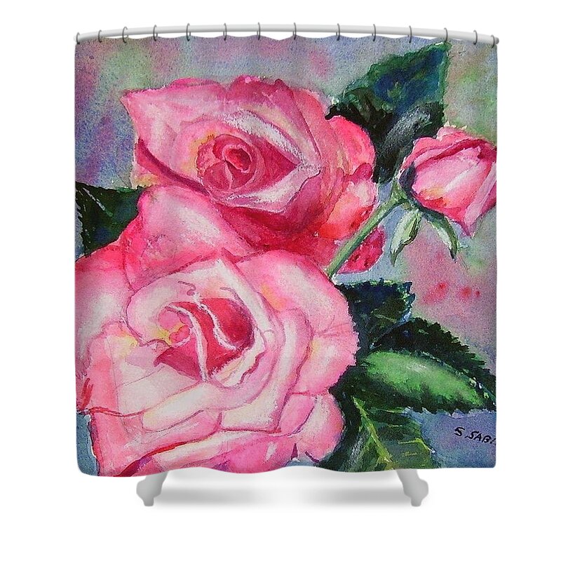 Pink Shower Curtain featuring the painting Pink roses by Saga Sabin