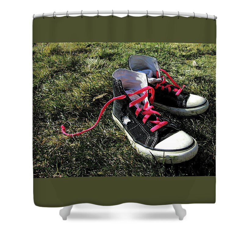 Sneakers Shower Curtain featuring the digital art Pink Shoe Laces by Mary Capriole