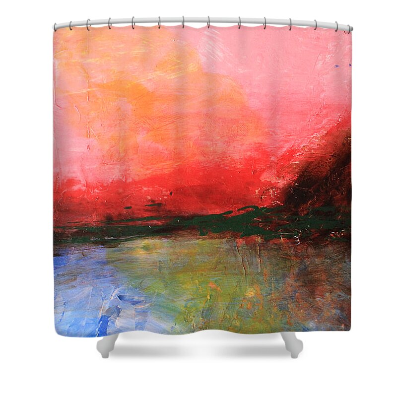Pink Shower Curtain featuring the painting Pink Sky over Water Abstract by April Burton