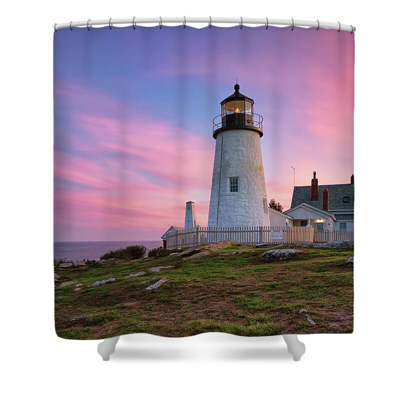 Pemaquid Point Lighthouse Shower Curtain featuring the photograph Pink Sunset at Pemaquid Point by Kristen Wilkinson