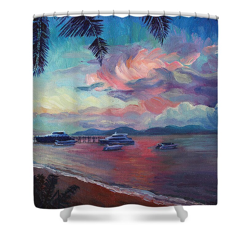 Thailand Shower Curtain featuring the painting Pink Sunset at Samui Beach by Alina Malykhina