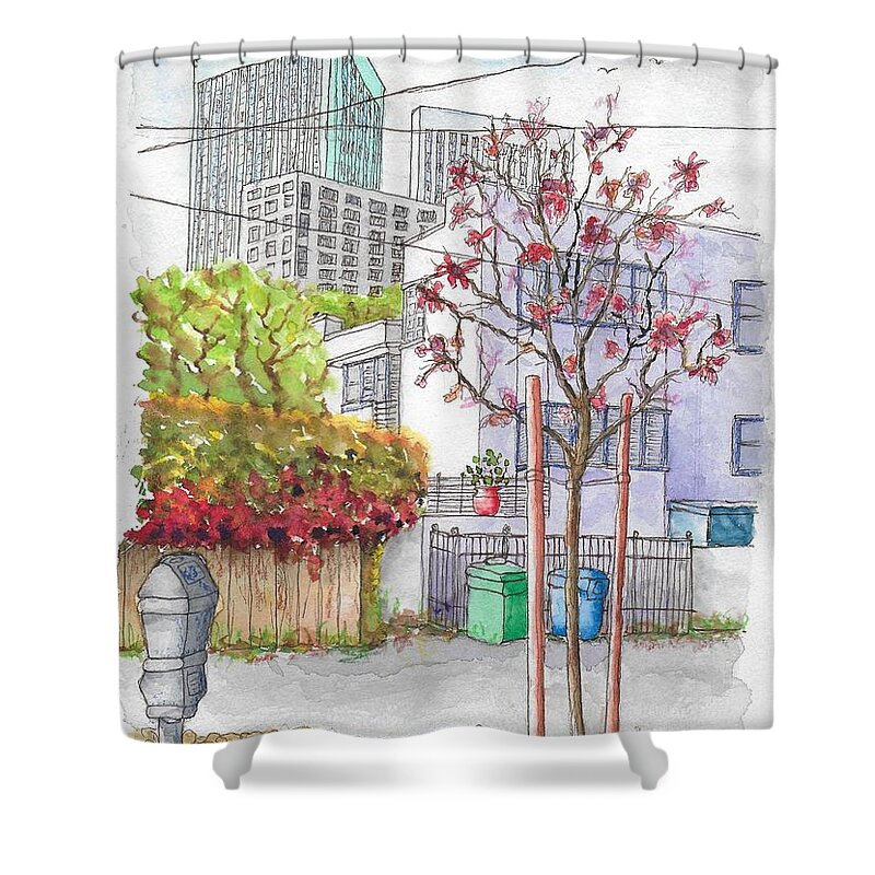 Pink Tree Shower Curtain featuring the painting Pink tree in Roxbury Park, Beverly Hills, California by Carlos G Groppa