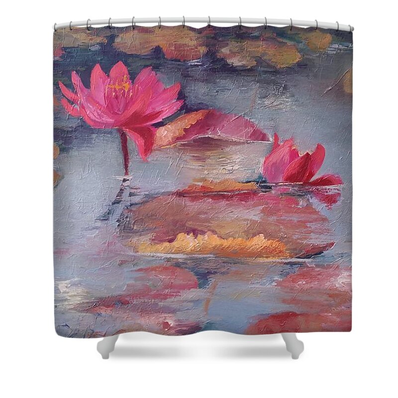 Waterlilies Shower Curtain featuring the painting Pink waterlilies by Vali Irina Ciobanu