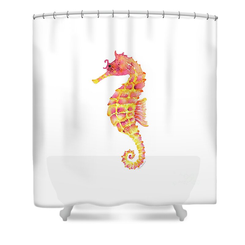 Seahorse Painting Shower Curtain featuring the painting Pink Yellow Seahorse - Square by Amy Kirkpatrick