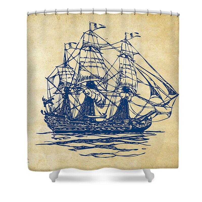 Pirate Ship Shower Curtain featuring the digital art Pirate Ship Artwork - Vintage by Nikki Marie Smith