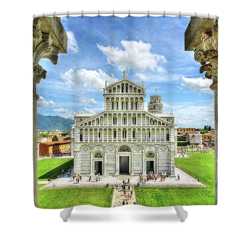 Pisa Shower Curtain featuring the photograph Pisa - leaning tower behind duomo - vintage version by Weston Westmoreland
