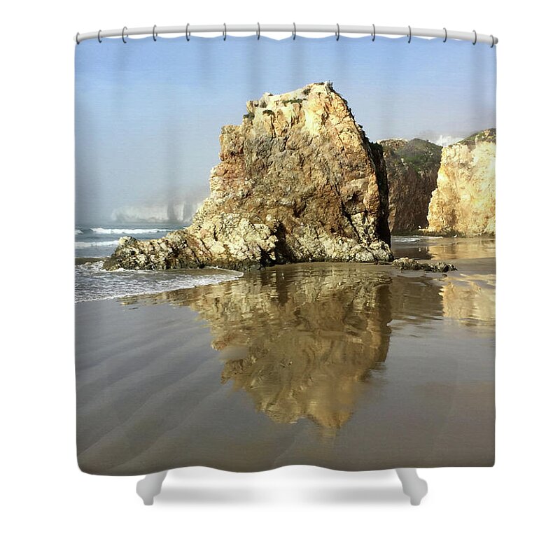 Beaches Shower Curtain featuring the photograph Pismo Sea Stack Reflection by Art Block Collections