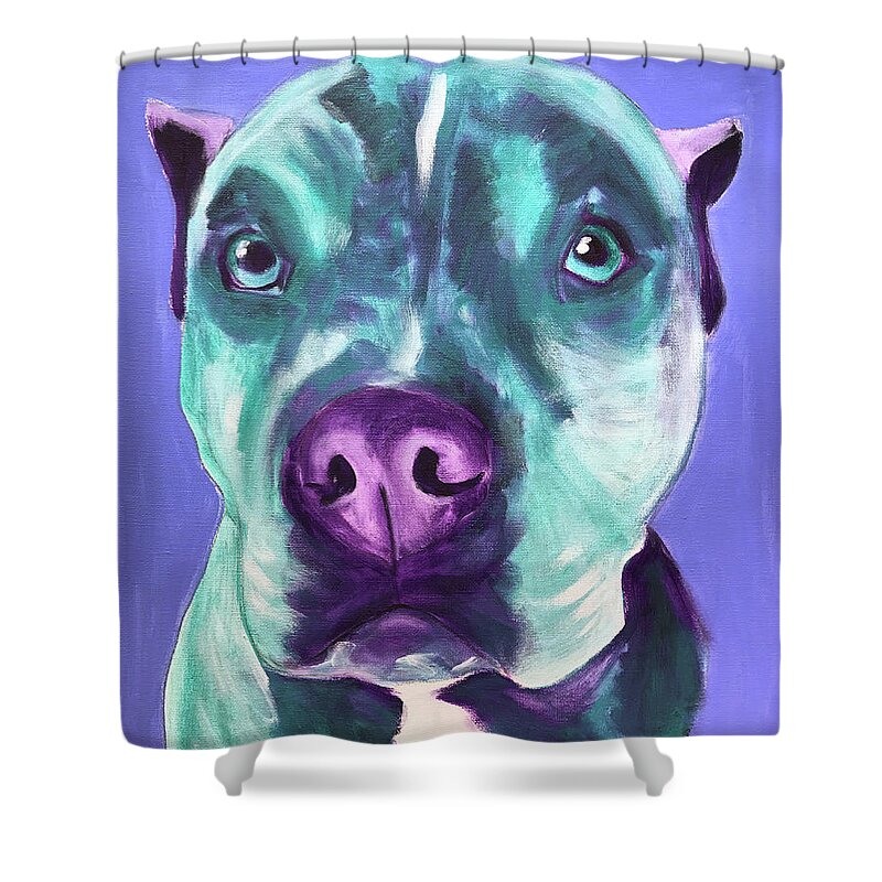 Pet Portrait Shower Curtain featuring the painting Pit Bull - Aqua by Dawg Painter