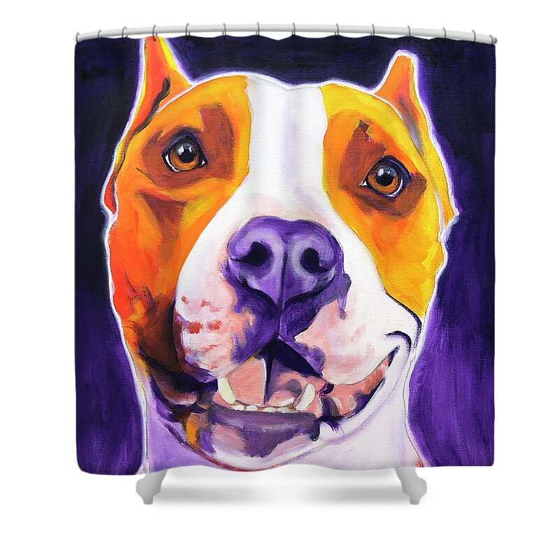 Pet Portrait Shower Curtain featuring the painting Pit Bull - Rexy by Dawg Painter