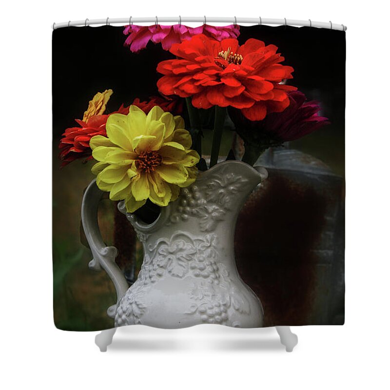 Pitcher Of Flowers Shower Curtain featuring the photograph Pitcher and Zinnias by Jeff Kurtz