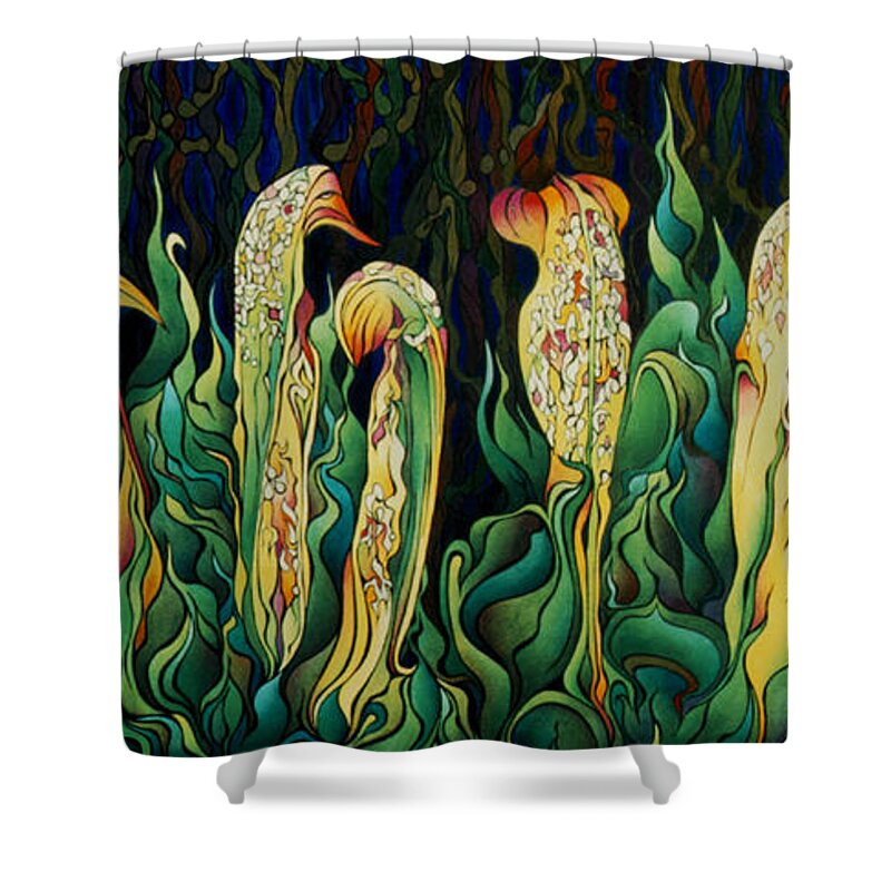 Pitcher Plant Shower Curtain featuring the painting Pitcher Plant Promenade by Amy Ferrari