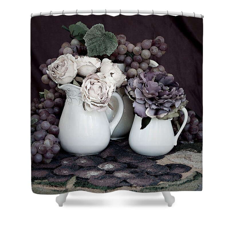 Still Life Shower Curtain featuring the mixed media Pitchers and Tapestry by Sherry Hallemeier