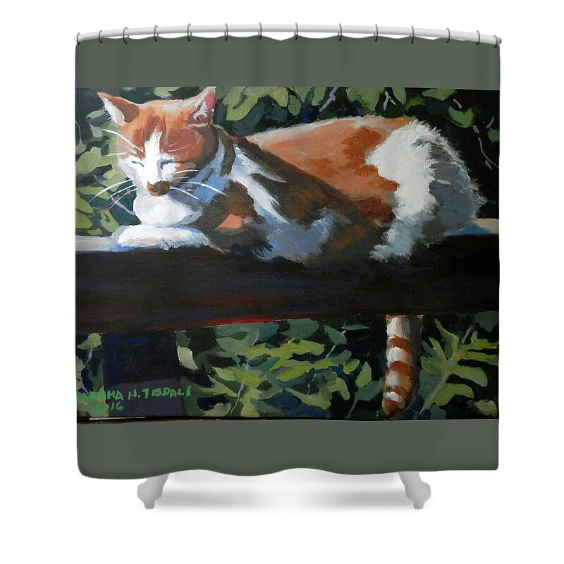 Yellow And White Cat Shower Curtain featuring the painting Piti by Martha Tisdale