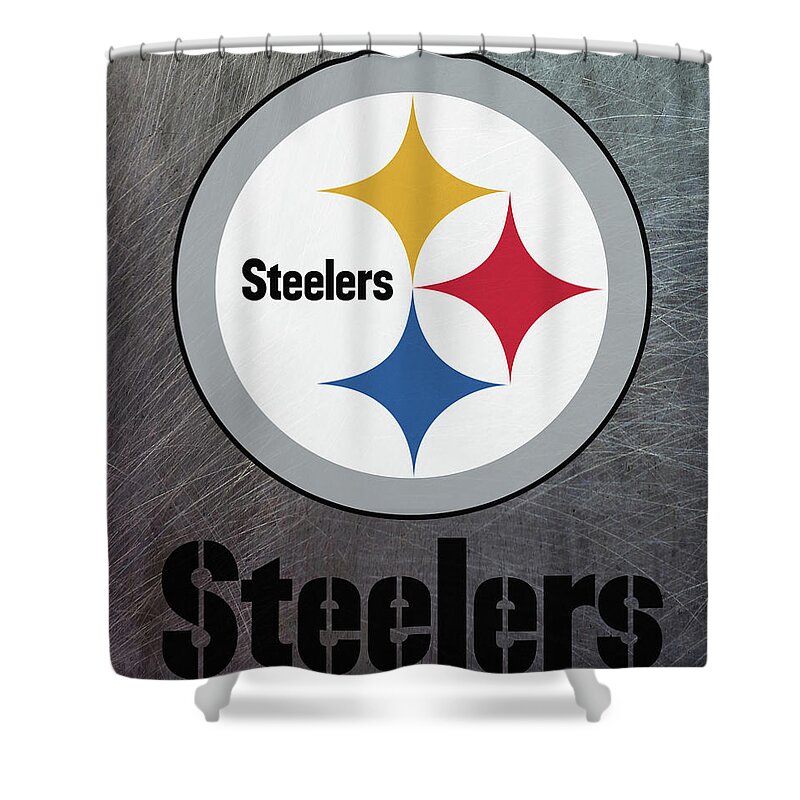 Pittsburgh Steelers Shower Curtain featuring the mixed media Pittsburgh Steelers on an abraded steel texture by Movie Poster Prints