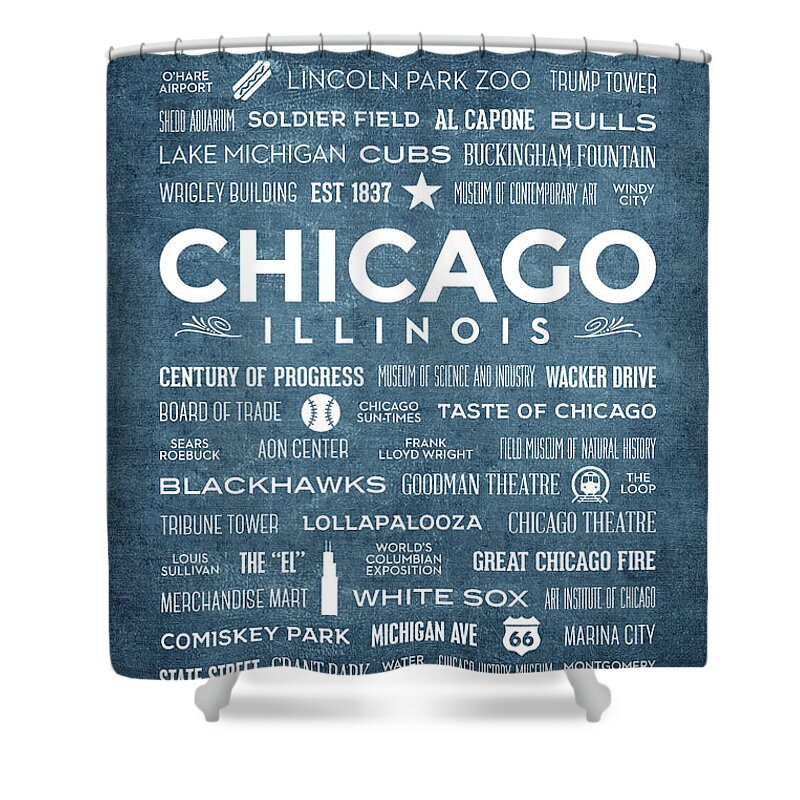 Chicago Shower Curtain featuring the digital art Places of Chicago on Blue Chalkboard by Christopher Arndt