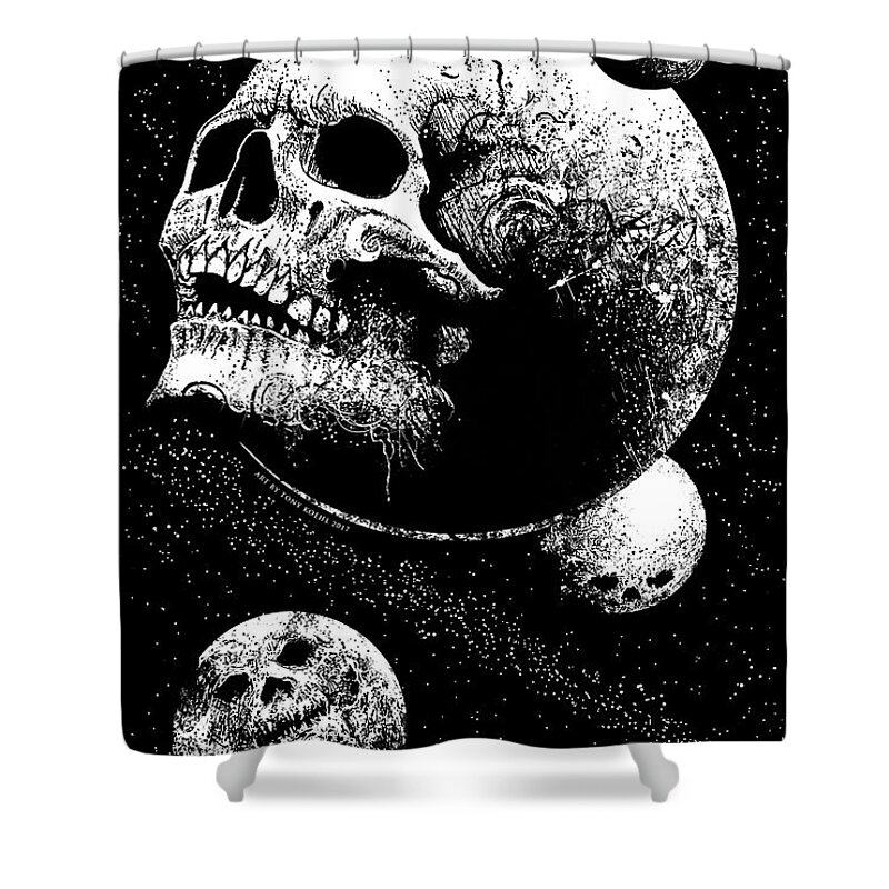 Tony Koehl; Sketch The Soul; Planets; Skull; Earth; Decay; Planetary Decay; Moon; Space; Black And White; Teeth; Death; Metal Shower Curtain featuring the mixed media Planetary Decay by Tony Koehl