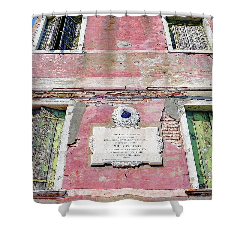 Burano Shower Curtain featuring the photograph Plaque Honoring Emilio Pesenti On The Island Of Burano, Italy by Rick Rosenshein