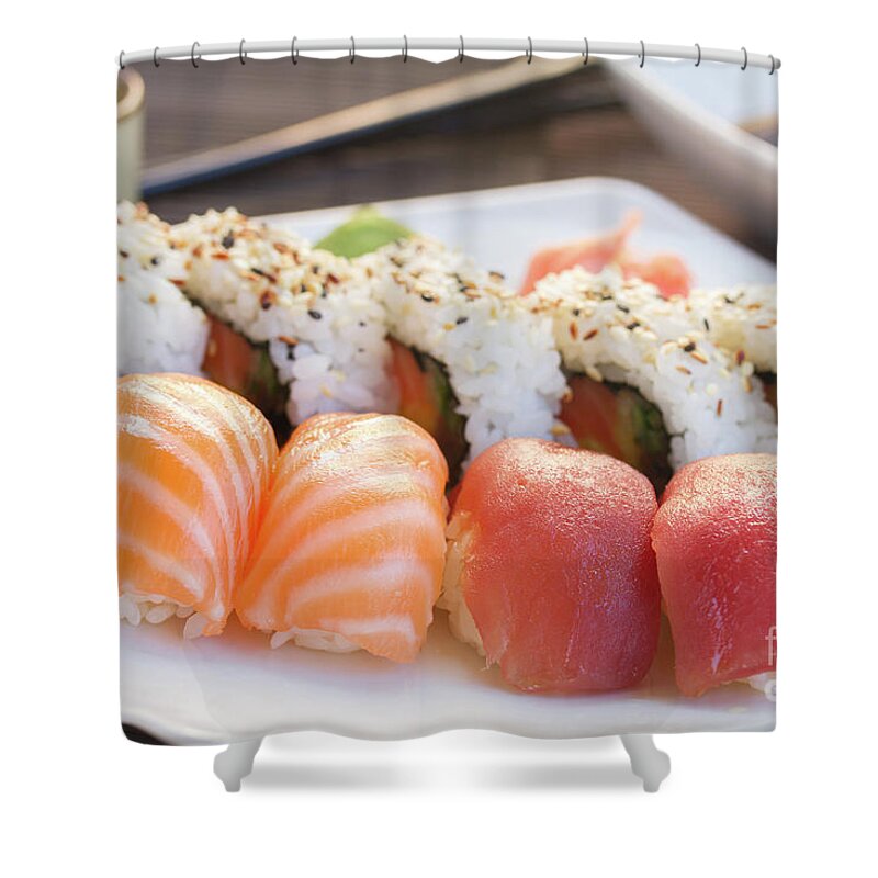 Sushi Shower Curtain featuring the photograph Plate with Sushi by Anastasy Yarmolovich