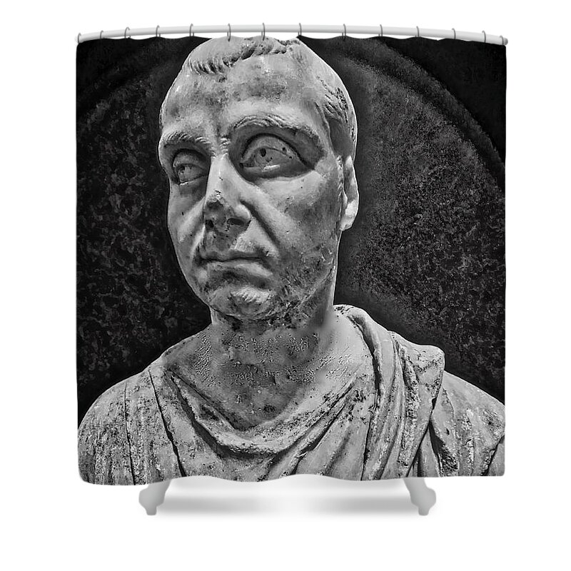 Black And White Photo Of Statue Of Plato Shower Curtain featuring the photograph Plato by Joan Reese