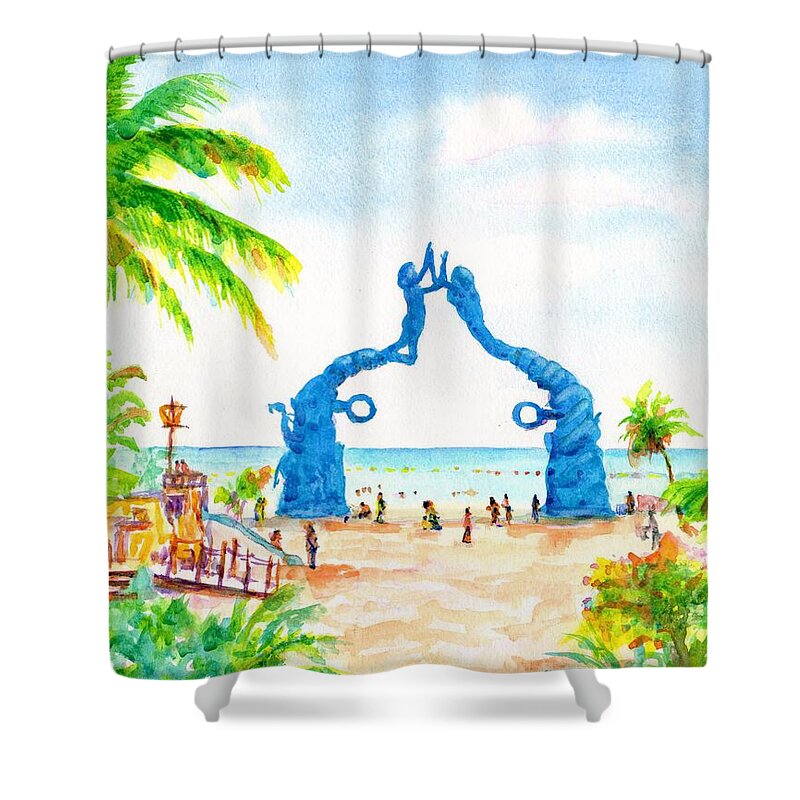 Playa Del Carmen Shower Curtain featuring the painting Playa del Carmen Portal Maya Statue by Carlin Blahnik CarlinArtWatercolor