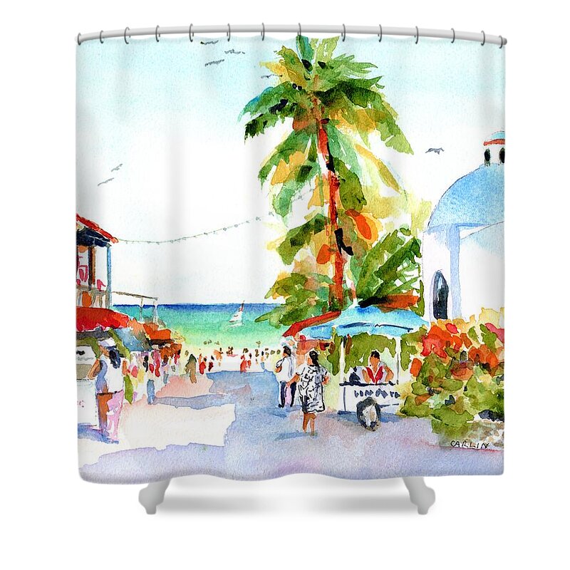 Playa Del Carmen Shower Curtain featuring the painting Playa del Carmen Shops and Church by Carlin Blahnik CarlinArtWatercolor